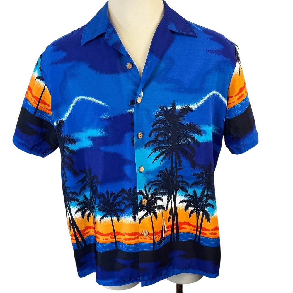 Kennington‎ LTD California Mens XL Aloha Hawaiian Tropical Palm Trees Sunset